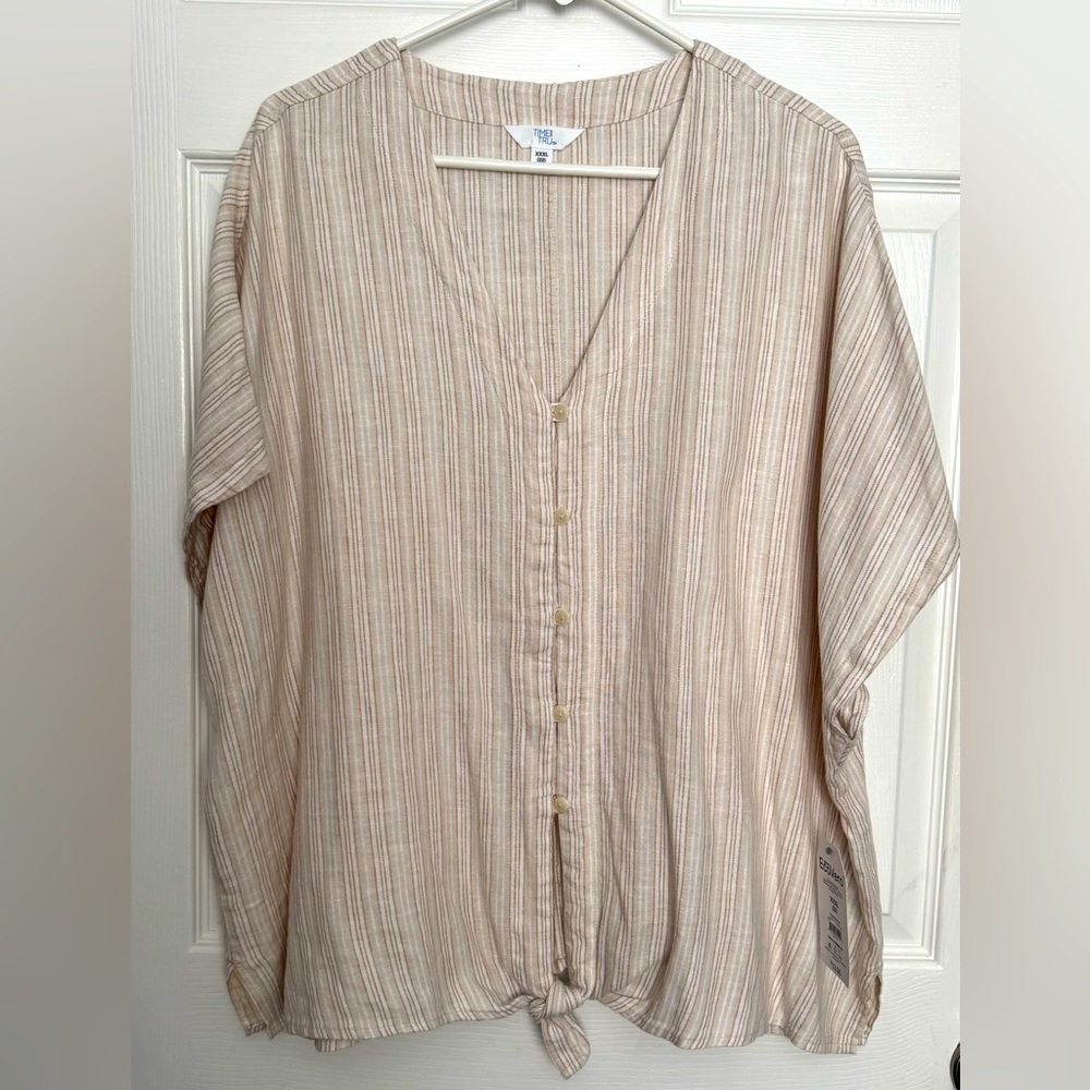 Striped Tie Front Cap Sleeve Linen Top XXXL (22) NWT Tan Beige Brown Cream